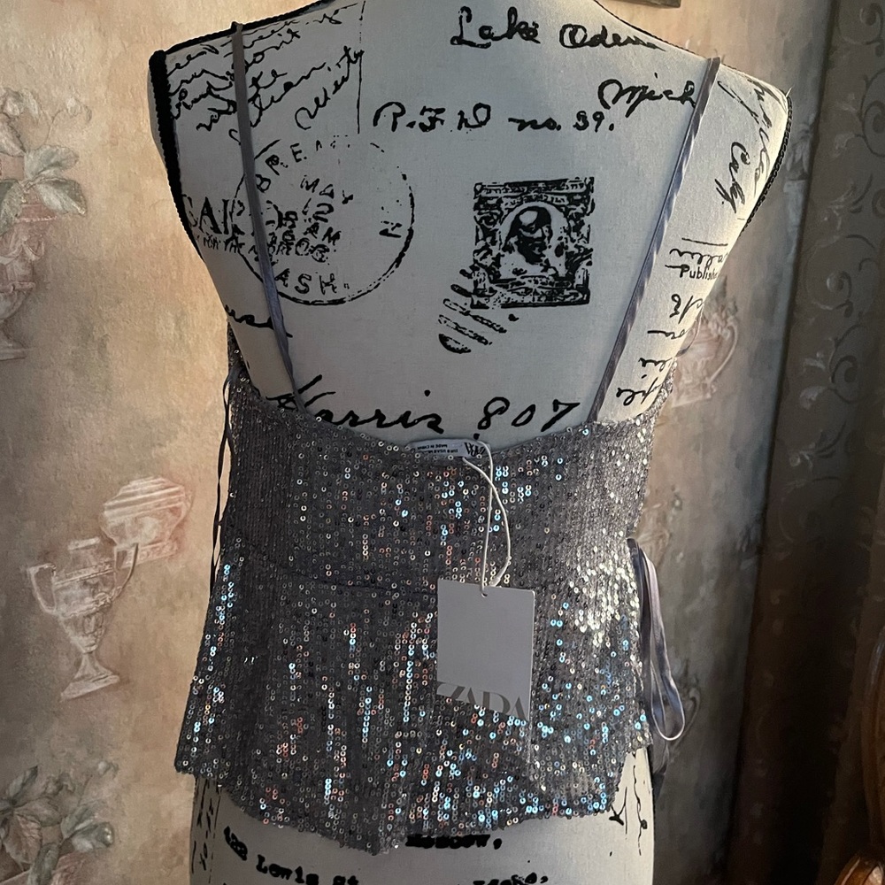 ZARA SILVER SEQUIN WRAP TOP NWT - Picture 5 of 6